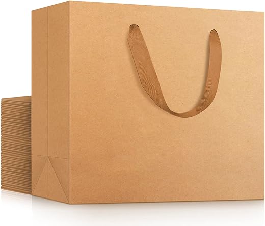 EUSOAR Kraft Paper Gift Bags, 25pcs Small 10.6"x3.1"x8.3" Brown Sturdy Heavy Duty Shopping Bags with Handle Bulk, Retail, Boutique, Business,Wedding Party Favor,Grocery,Restaurant Merchandise Bag